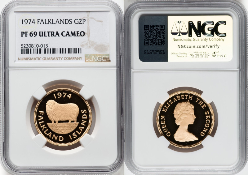 Elizabeth II gold Proof 2 Pounds 1974 PR69 Ultra Cameo NGC, Royal mint, KM8. Min...