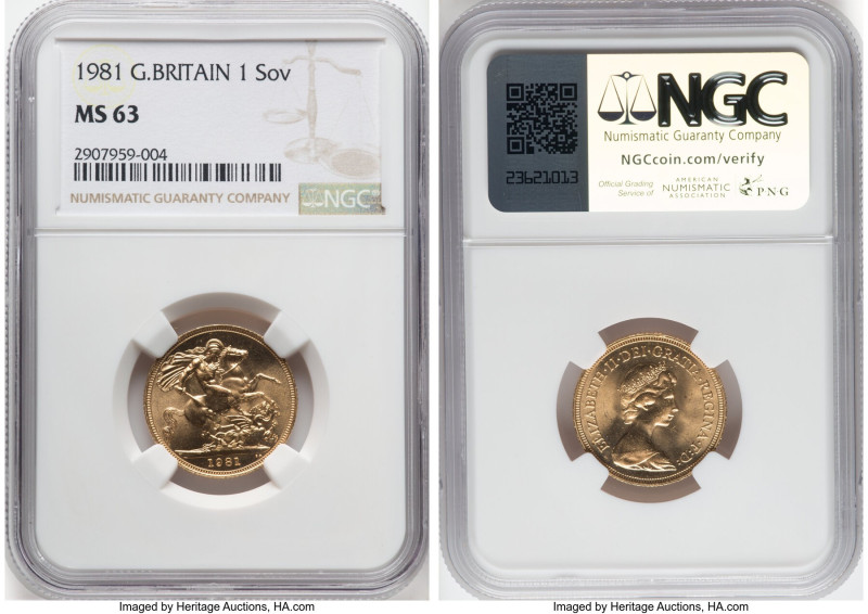 Elizabeth II gold Sovereign 1981 MS63 NGC, KM919. HID09801242017 © 2024 Heritage...