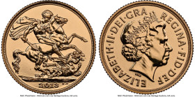Elizabeth II gold "Royal Birth Celebration" Sovereign 2013 MS68 Deep Prooflike NGC, Royal mint, KM1002.1. Mintage: 2,013. Accompanied by original case...