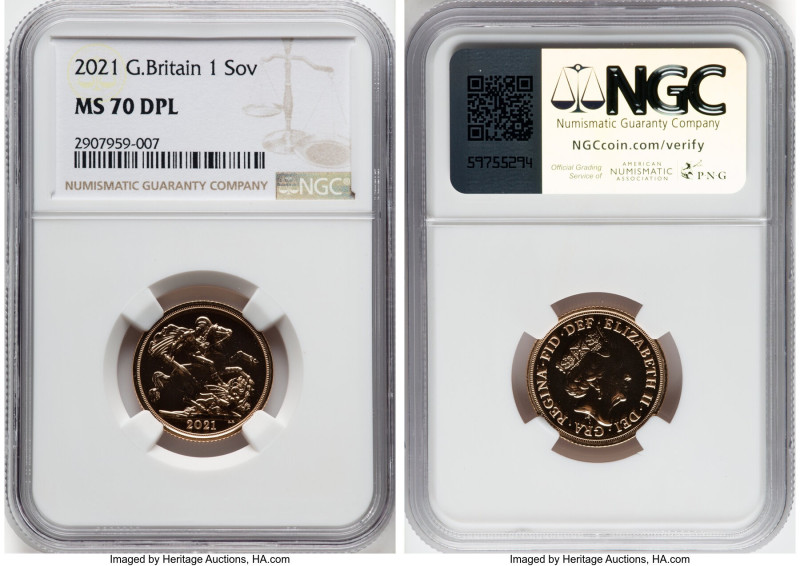 Elizabeth II gold Sovereign 2021 MS70 Deep Prooflike NGC, S-SC9. HID09801242017 ...