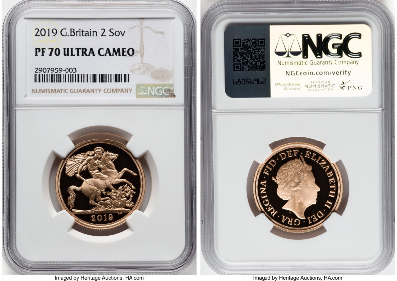 Elizabeth II gold Proof 2 Pounds 2019 PR70 Ultra Cameo NGC, S-SD9. Mintage: 1,26...