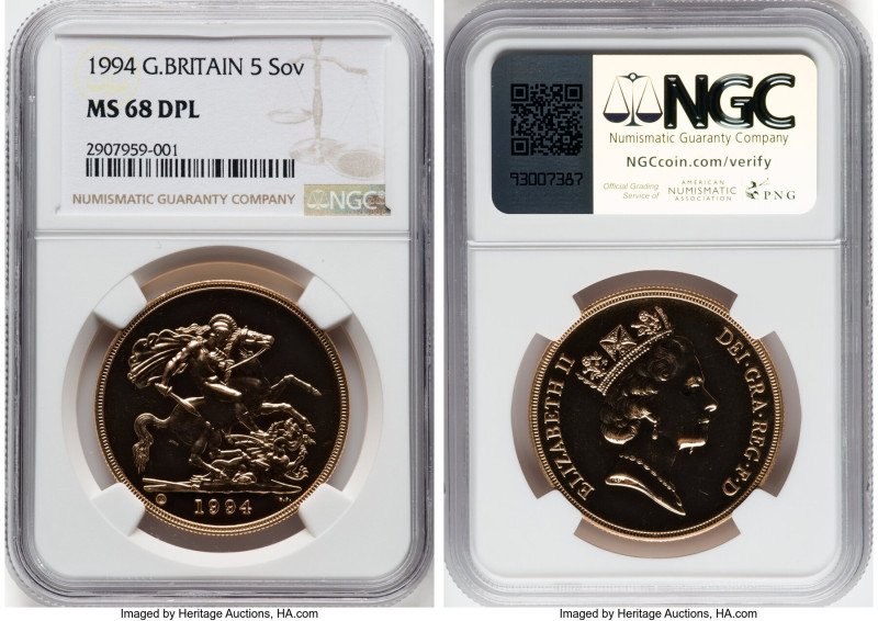 Elizabeth II gold 5 Pounds 1994 MS68 Deep Prooflike NGC, KM945. HID09801242017 ©...