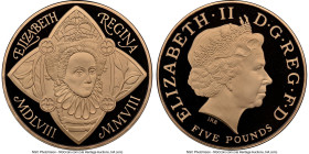 Elizabeth II gold Proof "Elizabeth I" 5 Pounds 2008 PR70 Ultra Cameo NGC, Royal mint, KM1104b, S-L18. Mintage: 1,500. Commemorating the 450th annivers...