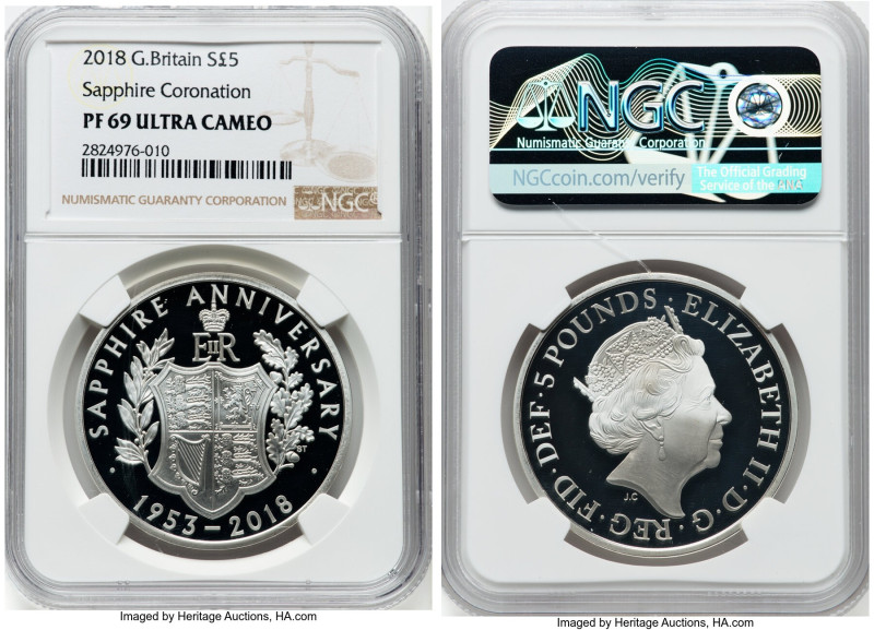 Elizabeth II Proof "Sapphire Coronation" 5 Pounds 2018 PR69 Ultra Cameo NGC, Roy...