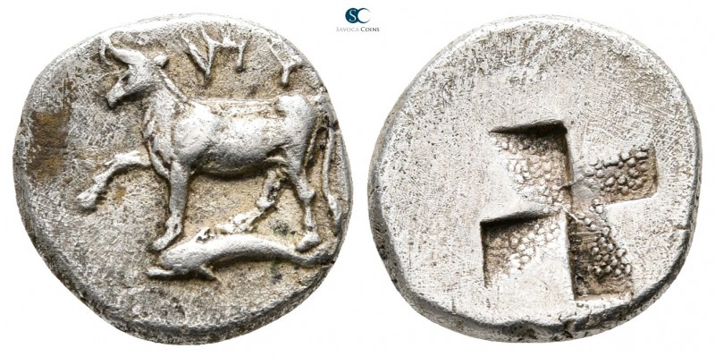 Thrace. Byzantion 340-320 BC. 
Hemidrachm AR

15mm., 2,40g.

Cow standing l...