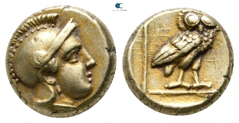 Lesbos. Mytilene 377-326 BC. 
Hekte EL

10mm., 2,53g.

Helmeted head of Ath...