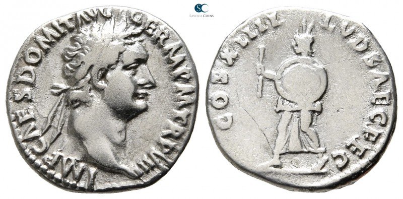 Domitian AD 81-96. Rome
Denarius AR

19mm., 3,25g.

IMP CAES DOMIT AVG GERM...