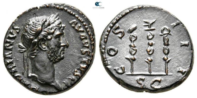 Hadrian AD 117-138. Rome
Semis Æ

17mm., 2,81g.

HADRIANVS AVGVSTVS PP. Lau...