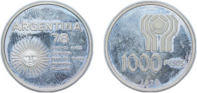 Argentina Federal Republic 1978 1000 Pesos (World Football Championship) Silver (.900) Santiago Mint (1912) 9.9g PF KM 78 CJ 301 CJ 302 Schön 78