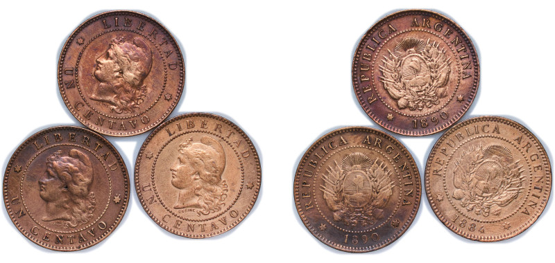 Argentina Federal Republic 1884-1890 1 Centavo (3 Lots) Bronze XF KM 32 CJ 38 to...