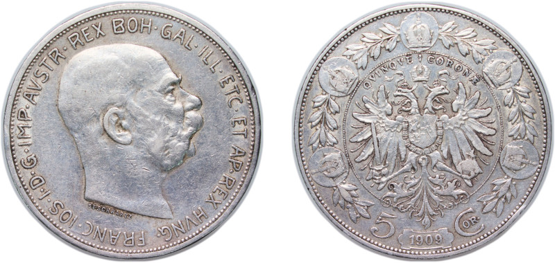 Austria Austro-Hungarian Empire 1909 5 Corona - Franz Joseph I Silver (.900) Vie...