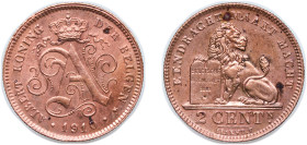 Belgium Kingdom 1910 2 Centimes - Albert I (Dutch text) Copper Brussels Mint (1248248) 4.1g UNC KM 65 Schön 24 LA BFM-13