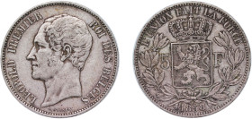 Belgium Kingdom 1858 5 Francs - Léopold I Silver (.900) Brussels Mint (18102) 25g VF KM 17 LA BFM-126