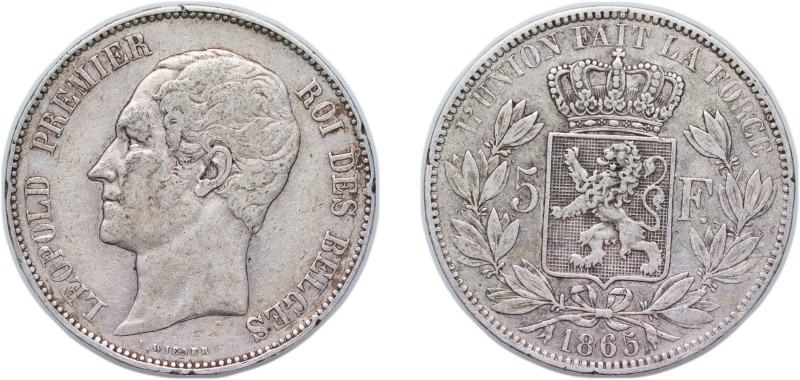 Belgium Kingdom 1865 5 Francs - Léopold I Silver (.900) Brussels Mint (907360) 2...