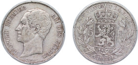 Belgium Kingdom 1865 5 Francs - Léopold I Silver (.900) Brussels Mint (907360) 25g VF KM 17 LA BFM-126