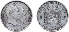 Belgium Kingdom 1880 1 Franc - Leopold II (Independence) Silver (.835) Brussels Mint (545222) 5g XF KM 38 Mor 191 LA BFM-87