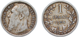 Belgium Kingdom 1904 1 Franc - Léopold II (French text) Silver (.835) Brussels Mint (803000) 5g VF KM 56 LA BFM-89 Schön 21