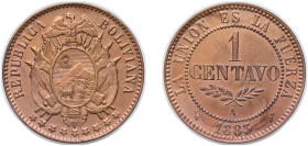 Bolivia Republic 1883 A 1 Centavo Copper Paris Mint (500000) 5.1g UNC KM 167