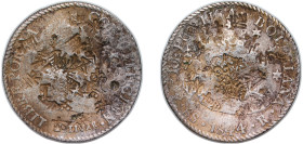 Bolivia Republic 1844 PTS R 8 Soles "正,水,年,吉,立" Silver (.903) Potosi Mint 26.2g Chopmarked KM 103