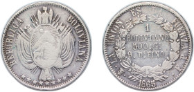 Bolivia Republic 1865 PTS FP 1 Boliviano Silver (.900) Potosi Mint 25g VF KM 152.1