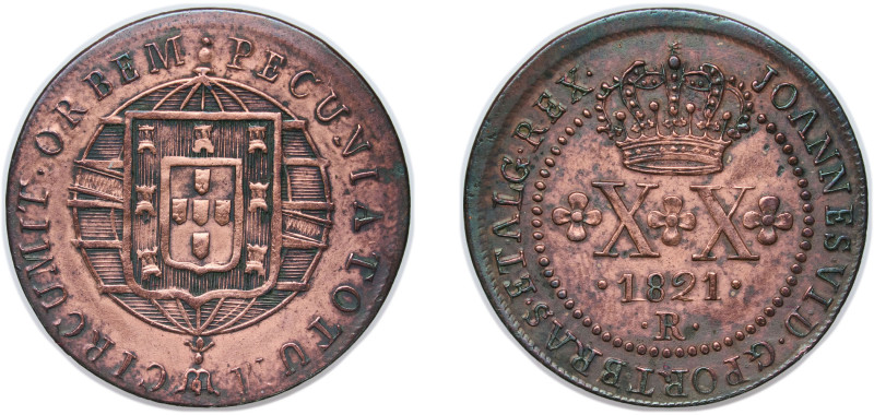 Brazil Portuguese colony 1821 R 20 Réis - João VI Copper Rio de Janeiro Mint (10...