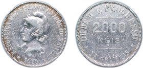 Brazil Republic of the United States of Brazil 1910 2000 Réis Silver (.900) Rio de Janeiro Mint (584500) 20g VF KM 508