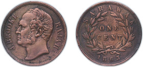 British Malaysia Sarawak Raj British protectorate 1863 1 Cent - James Brooke Rajah Copper Heaton and Sons / The Mint Birmingham Limited 9.6g VF KM 3 P...