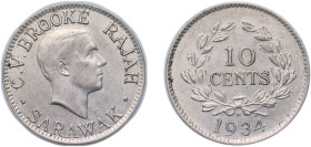 British Malaysia Sarawak Raj British protectorate 1934 H 10 Cents - Charles V. Brooke Rajah Copper-nickel Heaton and Sons / The Mint Birmingham Limite...