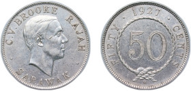 British Malaysia Sarawak Raj British protectorate 1927 H 50 Cents - Charles V. Brooke Rajah Silver (.500) Heaton and Sons / The Mint Birmingham Limite...