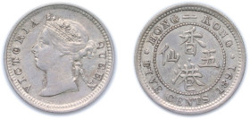 China Hong Kong British colony 1891 5 Cents - Victoria Silver (.800) Royal Mint (Tower Hill) (6900000) 1.4g XF KM 5