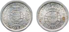 China Macau Portuguese Overseas Province 1952 1 Pataca Silver (.720) Lisbon Mint (4500000) 3.1g UNC KM 4 Schön 6