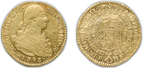 Colombia Spanish colony 1793 P JF 2 Escudos - Carlos IV Gold (.875) Popayan Mint 6.7g XF KM 60 Hernández 735-738