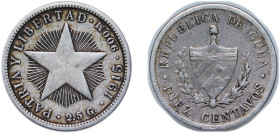 Cuba First Republic 1915 10 Centavos Silver (.900) Philadelphia Mint (5690000) 2.5g VF KM A12 Y 6