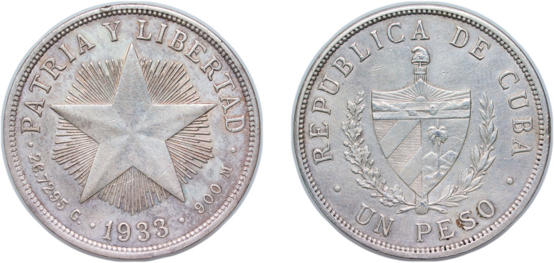 Cuba First Republic 1933 1 Peso Silver (.900) Philadelphia Mint (6000000) 26.7g ...