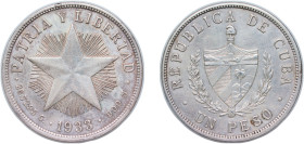 Cuba First Republic 1933 1 Peso Silver (.900) Philadelphia Mint (6000000) 26.7g AU KM 15.2