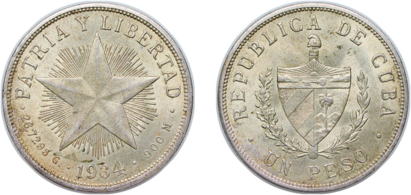 Cuba First Republic 1934 1 Peso Silver (.900) Philadelphia Mint (3000000) 26.8g ...