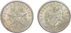 Cuba First Republic 1934 1 Peso Silver (.900) Philadelphia Mint (3000000) 26.8g UNC KM 15.2