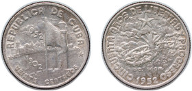 Cuba First Republic 1952 20 Centavos (50th. Anniversary of the Republic) Silver (.900) Philadelphia Mint (8700000) 4.9g AU KM 24 Y 18