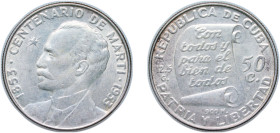 Cuba First Republic 1953 50 Centavos (José Martí) Silver (.900) Philadelphia Mint (2000000) 12.5g UNC KM 28 Y 22