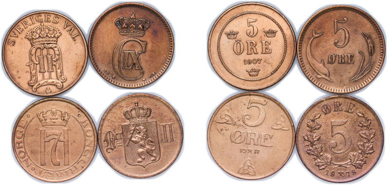 Denmark 1874-1937 Norway Sweden 5 Ore (4 Lots) Bronze XF