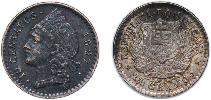 Dominican Republic Second Republic 1897 A 10 Centavos Silver (.350) Philadelphia...