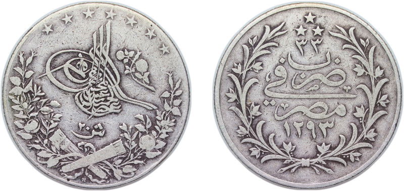 Egypt Ottoman Empire AH1293//33 (1907) H 20 Qirsh - Abdul Hamid II Silver (.833)...