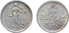 France Fifth Republic 1960 5 Francs Silver (.835) Paris Mint (55082000) 12.1g AU KM 926 Gad 770 F 340 Schön 235