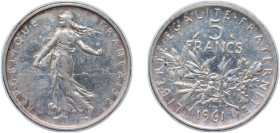 France Fifth Republic 1961 5 Francs Silver (.835) Paris Mint (15630000) 12.1g XF KM 926 Gad 770 F 340 Schön 235