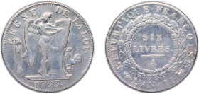 France First Republic 1793 A 6 Livres (Genius) Silver (.9166) Paris Mint 29.1g VF Mount Removed KM 624 Gad 58