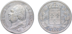 France Kingdom 1822 A 5 Francs - Louis XVIII (bare bust) Silver (.900) Paris Mint (13449273) 25g VF KM 711.1