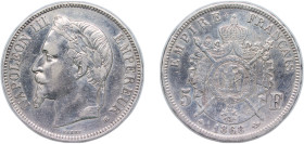 France Second Empire 1868 BB 5 Francs - Napoleon III Silver (.900) Strasbourg Mint (11390447) 24.9g VF KM 799.2