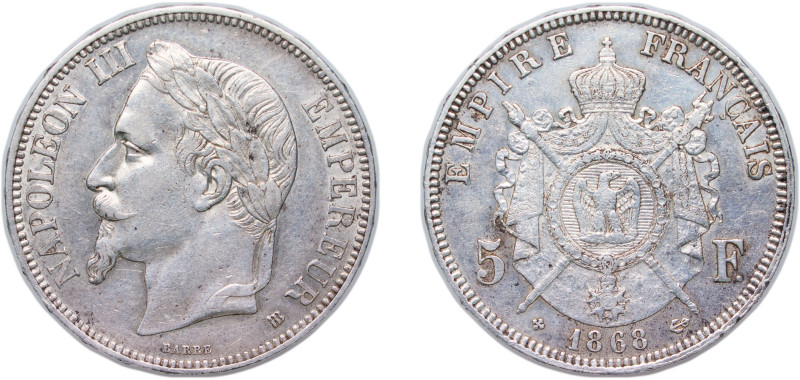 France Second Empire 1868 BB 5 Francs - Napoleon III Silver (.900) Strasbourg Mi...