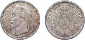 France Second Empire 1870 BB 5 Francs - Napoleon III Silver (.900) Strasbourg Mint (2022004) 24.9g XF KM 799.2