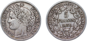 France Second Republic 1850 A 5 Francs Silver (.900) Paris Mint (14542699) 24.7g VF KM 761.1